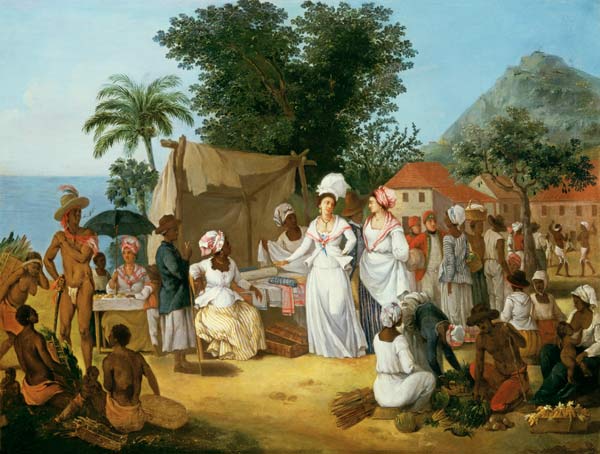 A linen market with a linen stall and a vegetable seller in a Colonial settlement from Agostino Brunias