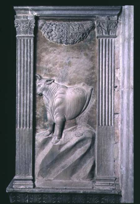 Taurus represented by the bull from a series of reliefs depicting planetary symbols and signs of the from Agostino  di Duccio