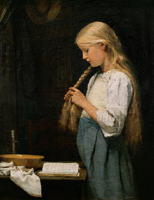 Girl braiding her hair from Albert Anker