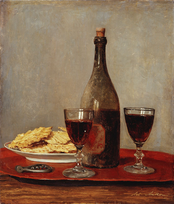 Stillleben mit zwei Rotweingläsern, einer Flasche, einem Korkenzieher und einem Teller mit Gebäck. from Albert Anker