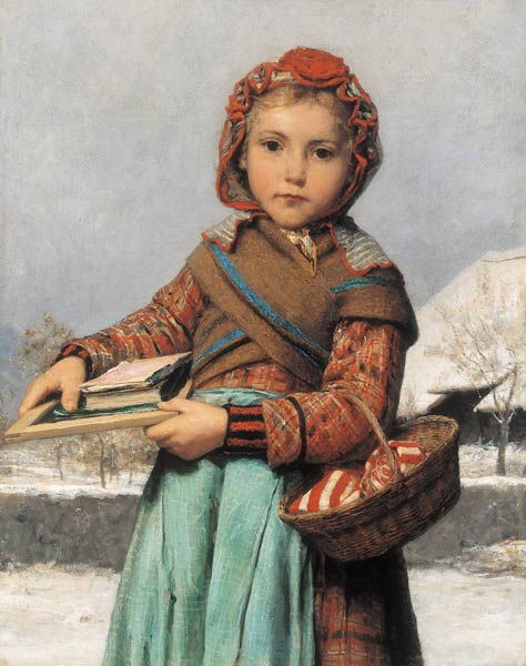 Schoolgirl with Slate and Sewing Basket from Albert Anker