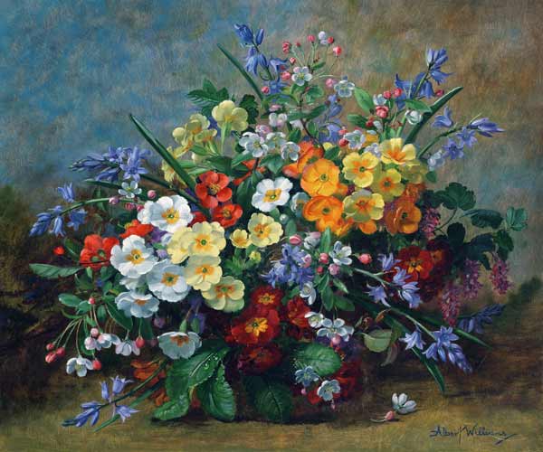 AB.130.Yellow, white and orange primulas with bluebells in a vase from Albert  Williams