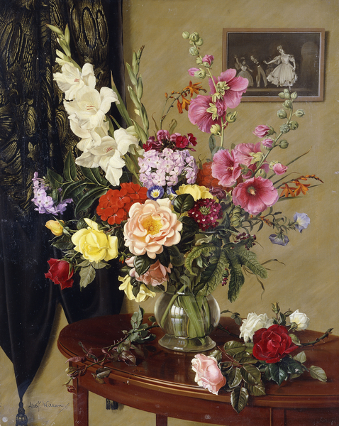 Still Life with Gladioli, Roses and Hollyhocks before an Embroidered Curtain from Albert  Williams