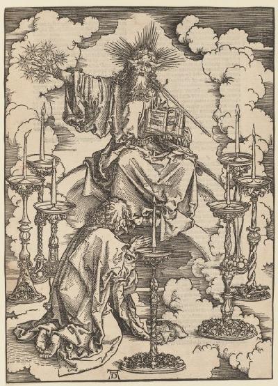 Johannes erblickt die sieben Leuchter, aus der Folge der Apokalypse, Latein-Ausgabe 1511