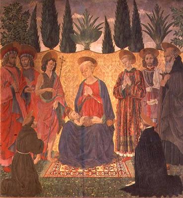 Madonna and Child with SS. Cosmas and Damian, John the Baptist, Lawrence, Julian and Anthony; kneeli from Alesso Baldovinetti