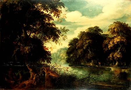 Forest landscape with birdcatchers beside a river (panel) from Alexander Keirincx