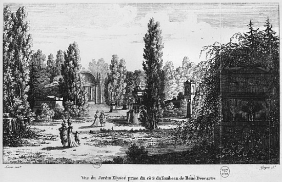 Musee des Monuments Francais, Paris, view of the Jardin Elysee from the tomb of Rene Descartes; engr from Alexandre Marie Lenoir