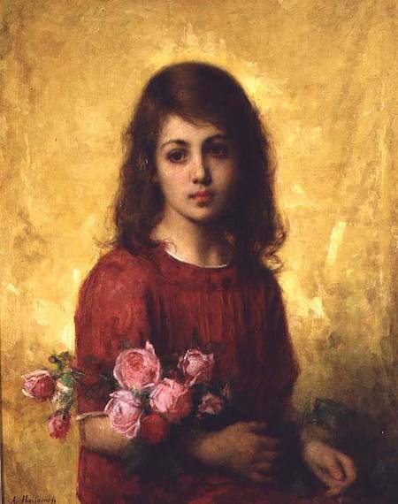 Portrait of a Young Girl holding a Bunch of Roses from Alexei Alexevich Harlamoff