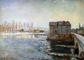 Wassermühle an der Brücke von Moret im Winter