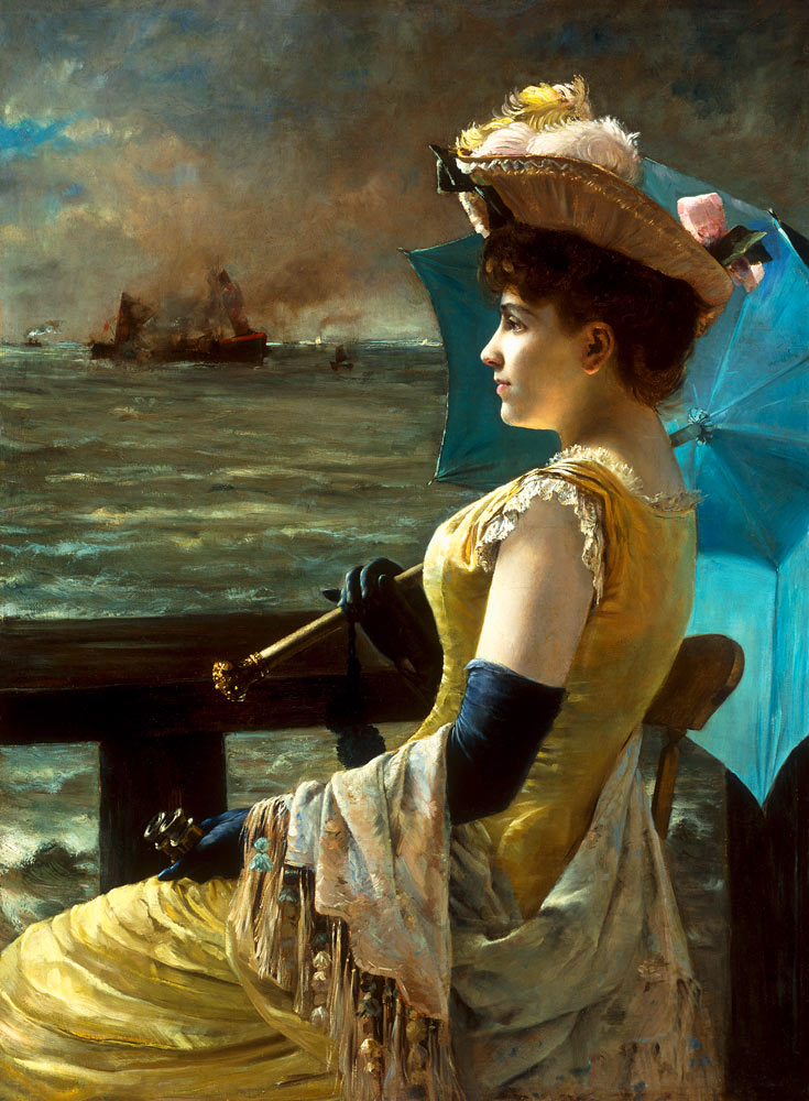 Dame mit einem Sonnenschirm, aufs Meer hinausschauend. from Alfred Stevens