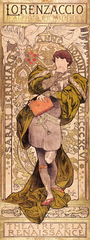Poster for the theatre play Lorenzaccio by A. de Musset in the Theatre de la Renaissanse (Upper part from Alphonse Mucha