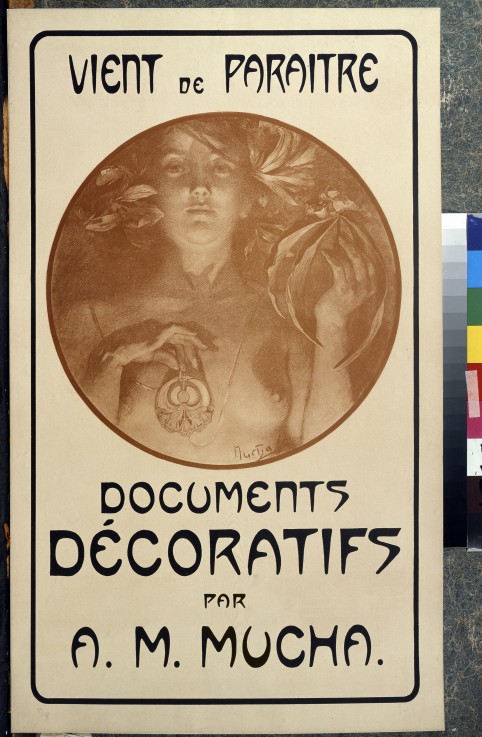 Advertisement for the monograph Decorative Documents by A. Mucha from Alphonse Mucha