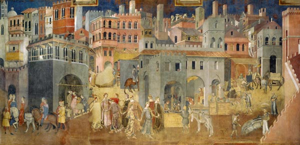 Effects of Good Government in the city (Cycle of frescoes The Allegory of the Good and Bad Governmen from Ambrogio Lorenzetti