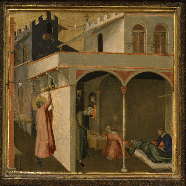Nicholas throws gold balls from Ambrogio Lorenzetti