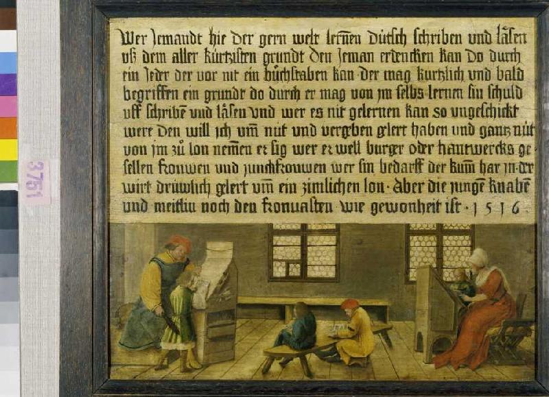 Ein Schulmeister und seine Frau bringen drei Knaben und einem Mädchen das Lesen bei. from Ambrosius Holbein