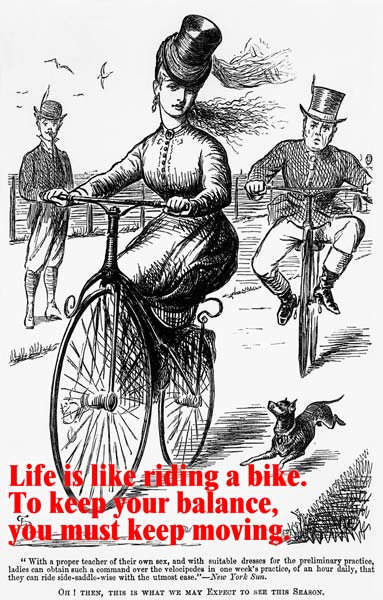 Cartoon of a Lady on a Velocipede mit Worten from American School