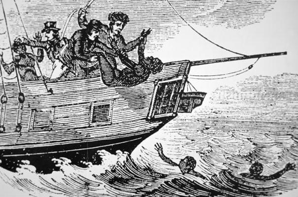 Dumping slaves overboard due to reasons ranging from sickness to rebellion (engraving) from American School
