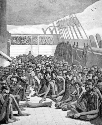 Slaves from Africa packed on the deck of a slaver ship bound for America (engraving) from American School