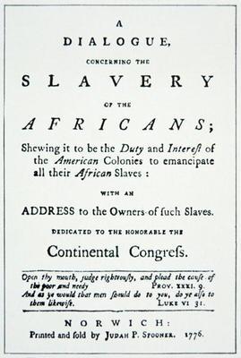 Title page of a pamphlet calling for the emancipation of African slaves, 1776 (print)