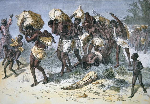 A captured slave gang of Coimbra, a Portuguese mulatto slaver of Bihe, Angola (coloured engraving) from American School, (19th century)