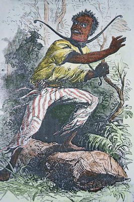 A runaway slave in the USA wearing a pronged slave-collar to hamper escape (colour litho) from American School, (19th century)
