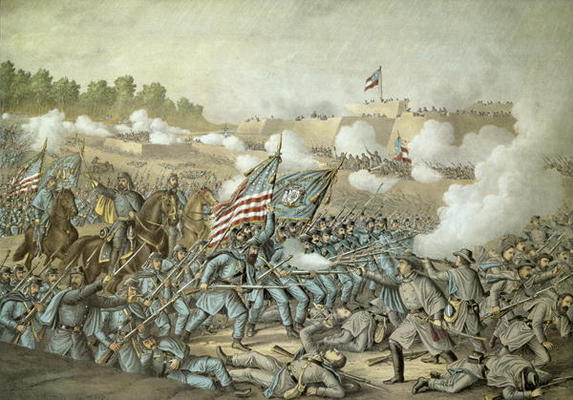 Battle of Williamsburg, 5th May 1862 by Kurz & Allison (colour litho) from American School, (19th century)