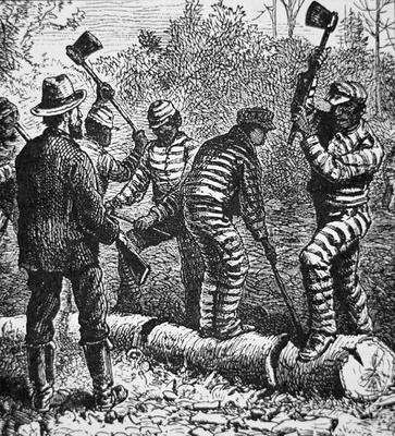 Black convicts on a chain-gang at work in Georgia (engraving) from American School, (19th century)