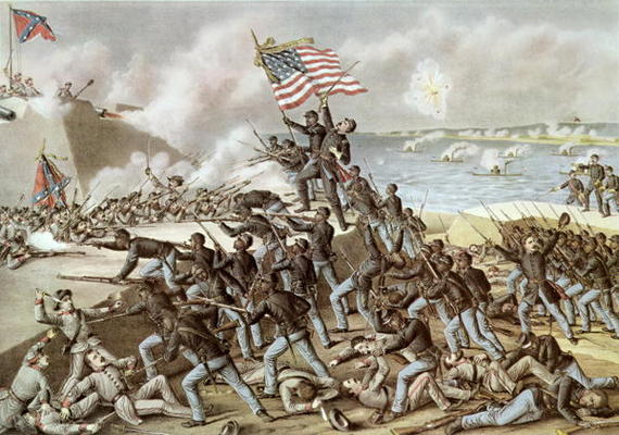 Black troops of the 54th Massachusetts Regiment during the assault of Fort Wagner, South Carolina, 1 from American School, (19th century)