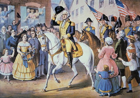 George Washington enters New York City 25 November, 1783 after the evacuation of British forces (col from American School, (19th century)