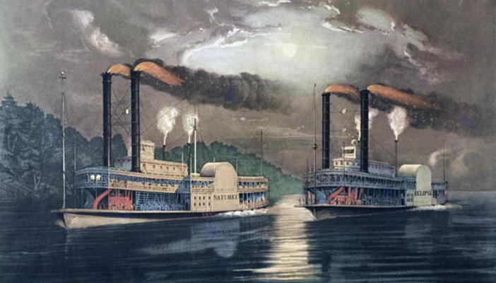 Midnight Race on the Mississippi, 1860 (colour litho) from American School, (19th century)