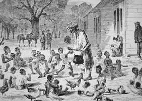 A cook feeding slave children on a Southern plantation, c.1860 (engraving)