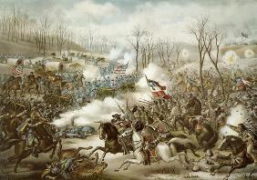 Battle of Pea Ridge, Arkansas, 6th-8th March, engraved by Kurz & Allison (colour litho)
