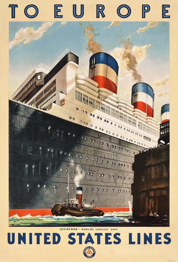 Poster advertising travel to Europe with the ocean liner 'Leviathan' by the shipping company 'United from American School, (20th century)