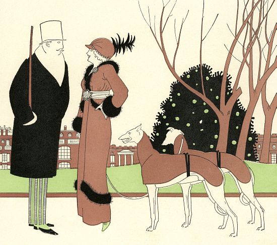 Fashionable Couple with Two Greyhounds from American School, (20th century)
