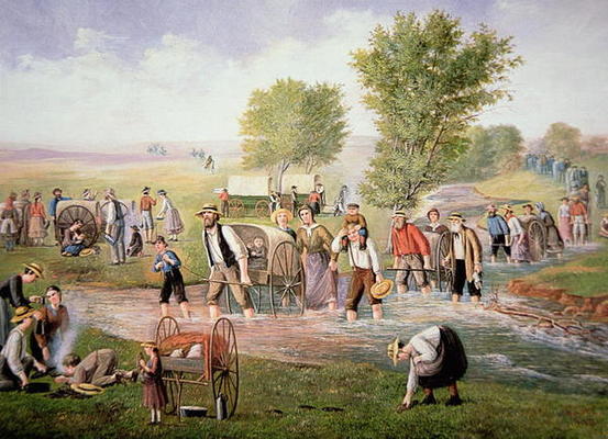 Mormon pioneers pulling handcarts on the long journey to Salt Lake City in 1856 (colour litho) from American School, (20th century)