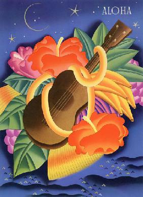 Symbols of Hawaii Including a Ukelele and Hibiscus Blossoms