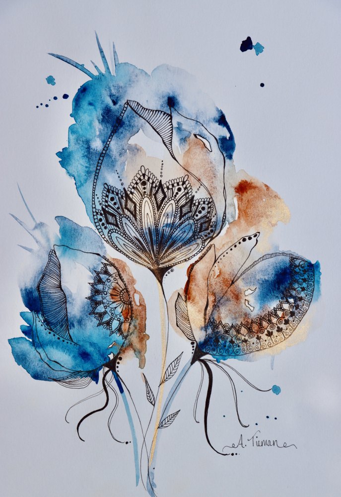 Mandala Floral (Blau,Gold,Gebranntes Siena) from Amy Tieman