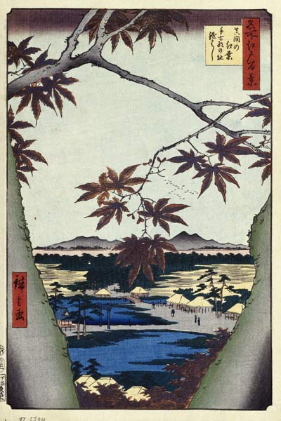 Maple Leaves and the Tekona Shrine and Bridge at Mama (One Hundred Famous Views of Edo) from Ando oder Utagawa Hiroshige