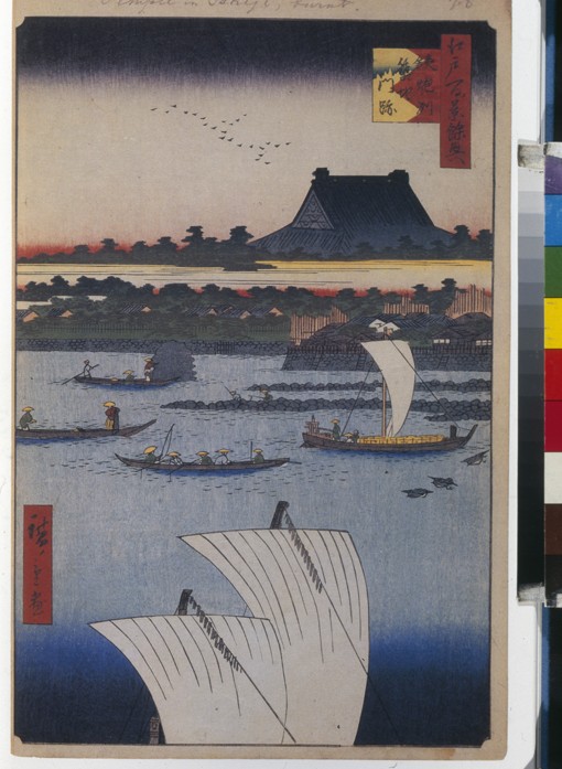 Teppozu and Tsukiji Monzeki Temple (One Hundred Famous Views of Edo) from Ando oder Utagawa Hiroshige