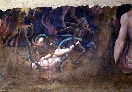 The Triumph of Death, detail of a devil carrying away a sinner into hell from Andrea di Cione Orcagna