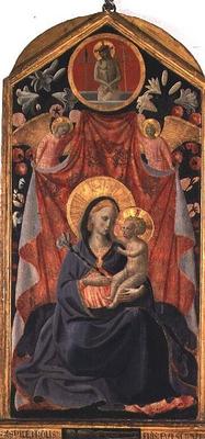 Madonna and Child with Two Angels and Christ risen from the Tomb (tempera on panel) from Andrea  di Giusto Manzini