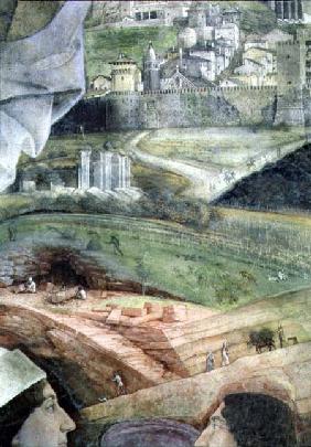 The Arrival of Cardinal Francesco Gonzaga; marble quarry workings and an idealised view of Rome, fro