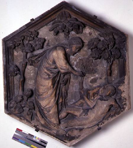The Creation of Adam, hexagonal decorative relief tile from a series illustrating episodes from Gene from Andrea Pisano