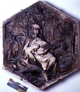 Poetry, hexagonal decorative relief tile from a series depicting the Seven Liberal Arts possibly bas