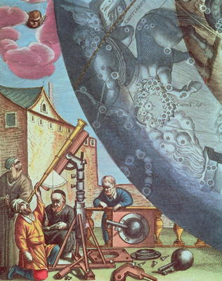 Astronomers looking through a telescope, detail from a map of the constellations from 'The Celestial from Andreas Cellarius