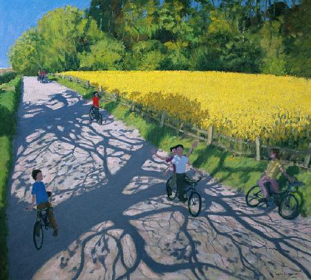 Cyclists and Yellow Field, Kedleston, Derby (oil on canvas) 