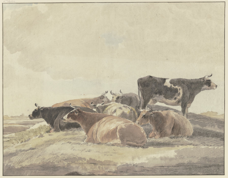 Auf einem Hügel sechs liegende und eine stehende Kuh from Andries Vermeulen