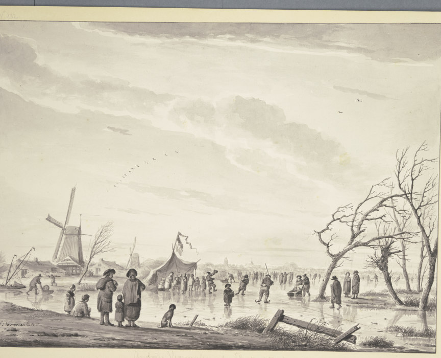 Winterlandschaft mit vielen Schlittschuhläufern und Zelten auf dem Eis, bei einer Windmühle from Andries Vermeulen