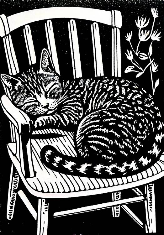 Katze schläft auf Gartenstuhl. Linoldruck from Anja Frost