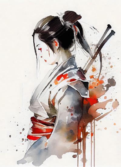 Japanische Geisha Kämpferin mit Samurai Schwertern. Aquarell Porträt